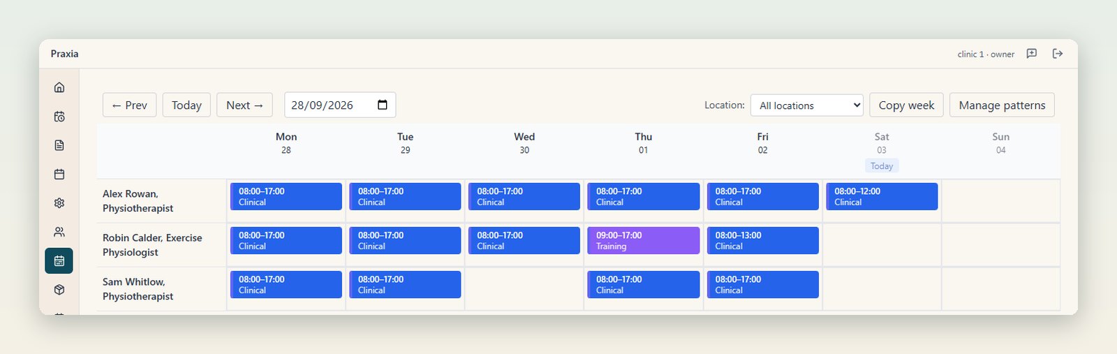 Weekly roster for the demo clinic: a row per clinician with blue Clinical shift blocks and a purple Training block on Thursday. Invented data.