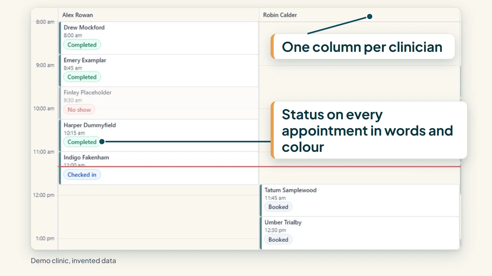 Illustration of a clinic schedule grid with a cancelled slot being offered on